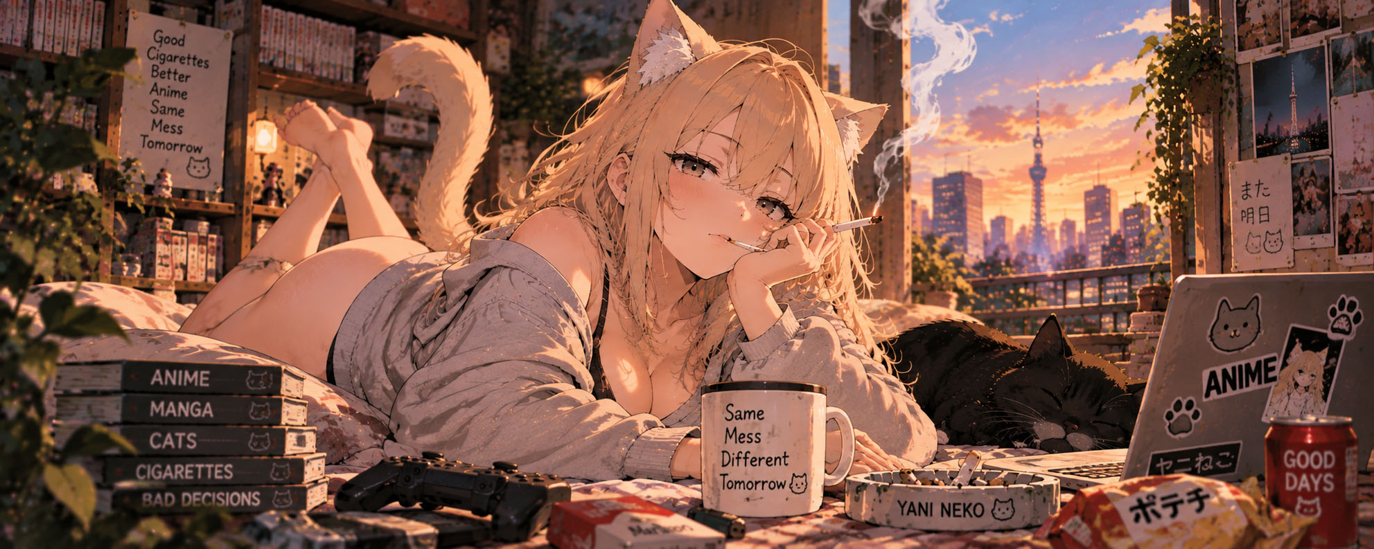 Chainsmoker Cat Yani Neko photo with her rear showing while laying down in her apartment with her anime computer turned on.